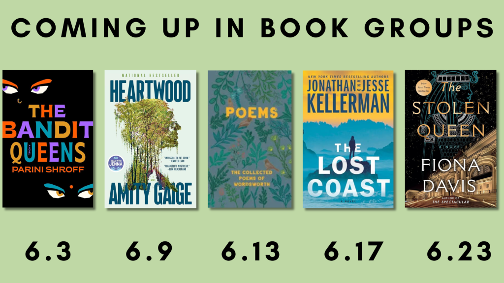 Coming up in book groups [Image of five book covers above corresponding dates]