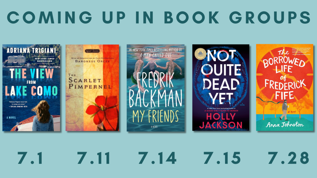 Coming up in book groups [Image of five book covers above corresponding dates]