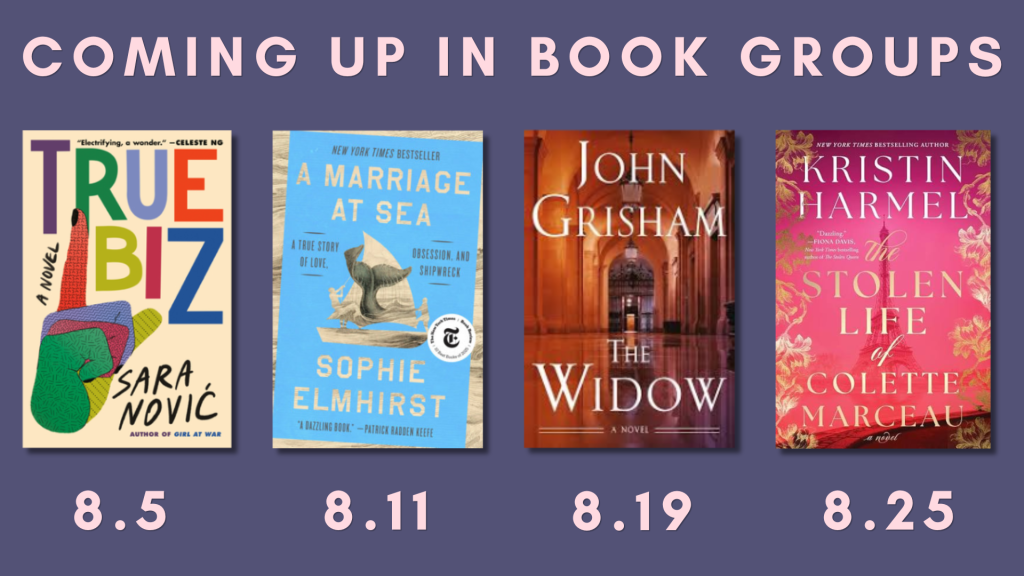 Coming up in book groups [Image of five book covers above corresponding dates]