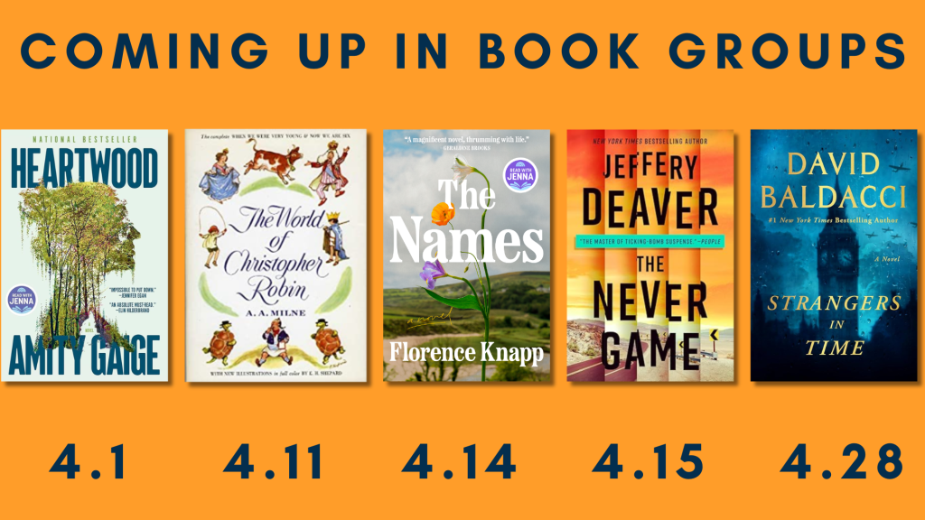 Coming up in book groups [image of five book covers over corresponding dates]