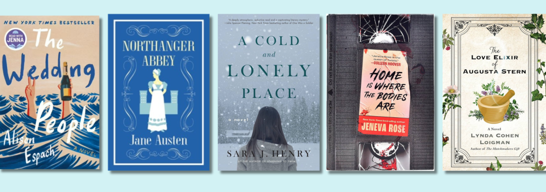 "Coming up in book groups." [Image of five book covers with corresponding dates on light blue background]