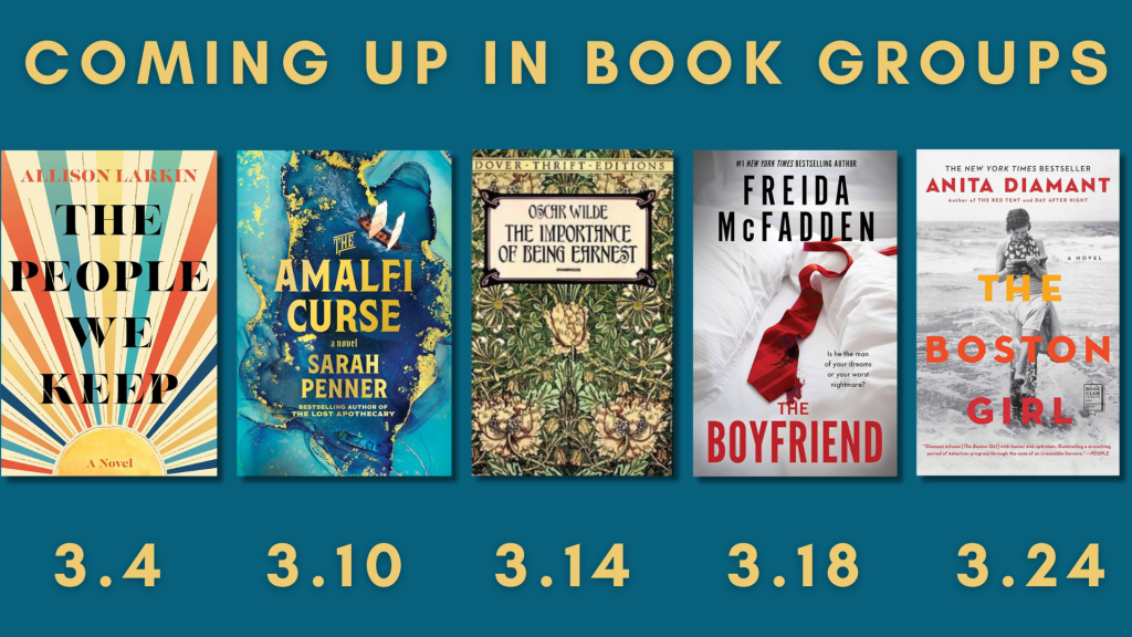 Coming up in book groups [image of five book covers over corresponding dates]