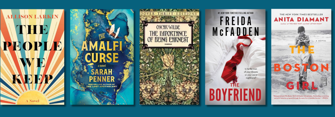 coming up in book groups [image of five book covers over corresponding dates]