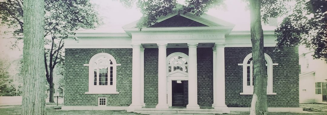 Black and white photograph of the Hudson Falls Free Library circa 1920