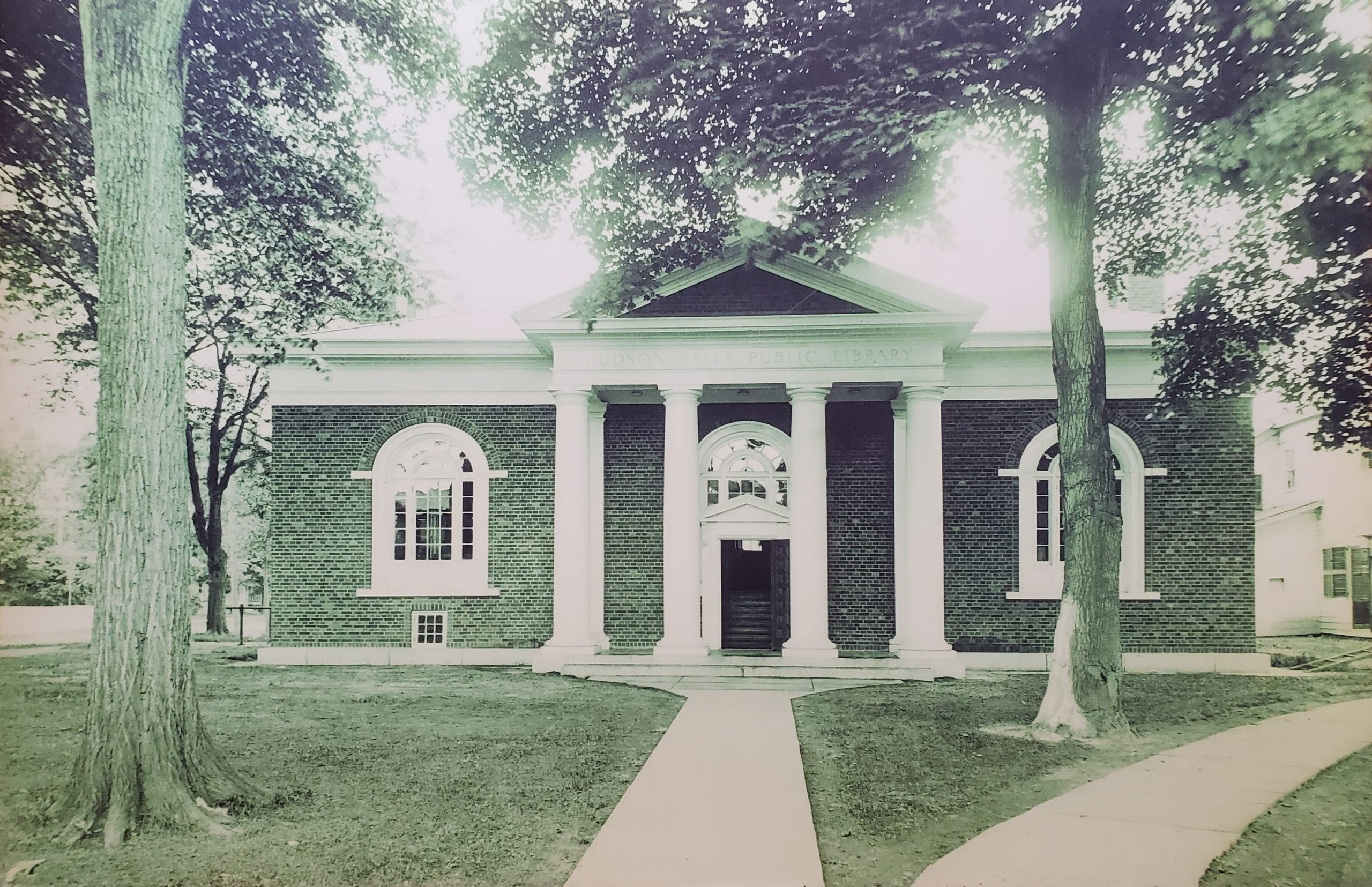 Black and white photograph of the Hudson Falls Free Library circa 1920